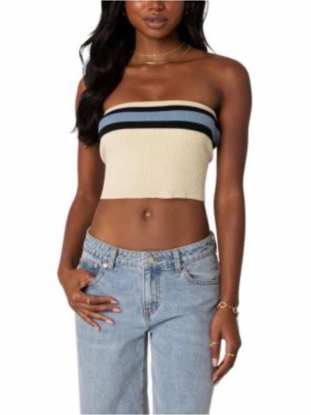 Edikted Cream Ribbed Tube Top with Blue and Black Stripe